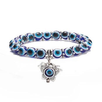 Resin Evil Eye Round Beaded Stretch Bracelet with Alloy Lotus, Yoga Jewelry for Women, Medium Blue, Inner Diameter: 2-1/4 inch(5.7cm)