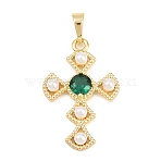 Brass Micro Pave Cubic Zirconia Pendants, with ABS Plastic Pearl, Cross Charms, Long-Lasting Plated, Rack Plating, Lead Free & Cadmium Free, Real 18K Gold Plated, 27x17.5x4.5mm, Hole: 5x3.3mm(KK-H273-13G)