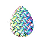 Ion Plating(IP) 304 Stainless Steel Pendants, Braided Texture Teardrop Charms, Rainbow Color, 41.5x29.5x2.5mm, Hole: 1.8mm(STAS-L268-027MC)