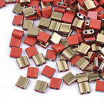 FGB 2-Hole Glass Seed Beads, Half Golden Plated Colours, Square, Red, 5x4.5~5.5x2~2.5mm, Hole: 0.5~0.8mm, about 1180pcs/bag(SEED-S031-L-045-G)
