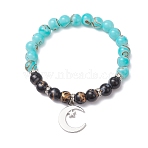 Round Glass Beaded Stretch Bracelets, Moon Alloy Charm Bracelets, Mixed Color, Inner Diameter: 2-1/4 inch(5.85cm)(BJEW-JB12647)