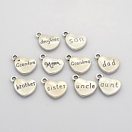 Family Theme Tibetan Style Alloy Charms, Heart with Words, Lead Free, Antique Silver, 13x18x3mm, Hole: 2mm, 10pcs/set(TIBEP-X0066-AS-LF)