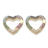 Brass Micro Pave Cubic Zirconia Spring Gate Rings, Nickel Free, Heart, Colorful, Real 16K Gold Plated, 28x28.5x4mm, Inner Diameter: 16x21mm(ZIRC-S066-029-NF)