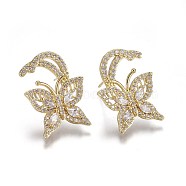 Brass Studs Earrings, with Micro Pave Cubic Zirconia, Butterfly, Clear, Golden, 23x17x3mm, Pin: 0.8m(KK-I648-11G)