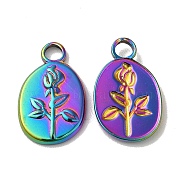 Ion Plating(IP) 304 Stainless Steel Pendants, Oval with Flower Charm, Rainbow Color, 17x11x2mm, Hole: 3mm(STAS-H212-23MC)