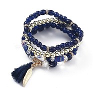 Multi-layered Stretch Bracelets Sets, Stackable Bracelets, with Acrylic Beads, Golden Plated Alloy Findings and Yarn Tassel Pendants, Dark Blue, Inner Diameter: 1-7/8~2-1/8 inch(4.9~5.4cm), 4pcs/set(BJEW-H533-02A)