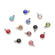 304 Stainless Steel Charms, with Acrylic Rhinestone, Birthstone Charms, Faceted, Flat Round, Stainless Steel Color, Mixed Color, 8.2x6x3.5mm, Hole: 1.2mm(STAS-I165-04C-P)