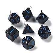7Pcs 7 Styles Opaque Resin Polyhedral Dice Pendants Set, Multi-Sided Dice Charms with Platinum Plated Iron Loops, Mixed Shapes, Blue, Black, 20~28x19~24x17~24mm, Hole: 2mm, 1pc/style(RESI-A029-01A)