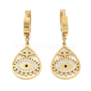 Real 18K Gold Plated 304 Stainless Steel Dangle Earrings, Evil Eye Rhinestone Hoop Earrings for Women, Teardrop, 35.5x15mm(EJEW-L283-056G-03)