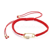 Adjustable Nylon Thread Braided Bead Bracelets, Red String Bracelets, with Brass Micro Pave Clear Cubic Zirconia Links and Brass Beads, Safety Pin Shape, Real 18K Gold Plated, Red, Inner Diameter: 2-1/8~3-5/8 inch(5.5~9.2cm)(BJEW-JB05448-02)