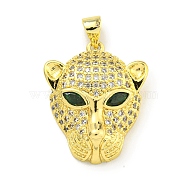 Brass Micro Pave Cubic Zirconia Pendants, Leopard Head Charms, Real 18K Gold Plated, 24x19x7mm, Hole: 4.5x3.5mm(KK-K354-13I-G)