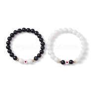 2Pcs 2 Colors Dyed Natural Malaysia Jade & Synthetic Hematite Stretch Bracelets Set, Acrylic Heart Stackable Bracelets, Black and White, Inner Diameter: 2-1/2 inch(6.2cm), 1Pc/color(BJEW-JB10041)
