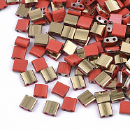 2-Hole Glass Seed Beads, Half Golden Plated Colours, Square, Red, 5x4.5~5.5x2~2.5mm, Hole: 0.5~0.8mm, about 1180pcs/bag(SEED-S031-L-045-G)