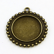 Tibetan Style Flat Round Alloy Pendant Cabochon Settings, Cadmium Free & Nickel Free & Lead Free, Antique Bronze, Tray: 25mm, 41x36.5x2.5mm, Hole: 3mm(X-TIBEP-Q049-14AB-NR)