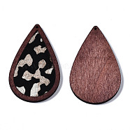 Eco-Friendly Cowhide Leather Big Pendants, with Dyed Wood, Teardrop with Leopard Print, PapayaWhip, 60x36x4mm, Hole: 1.2mm(FIND-S301-41C-08)