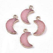Druzy Resin Pendants, with Edge Light Gold Plated Iron Loops, Moon, Pink, 19x11x3.5mm, Hole: 1.8mm(RESI-S383-063B)