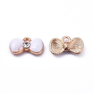 Alloy Enamel Pendants, with Crystal Rhinestone, Bowknot, Light Gold, White, 9x14.5x3.5mm, Hole: 1.5mm(AT-TAC0001-01A)