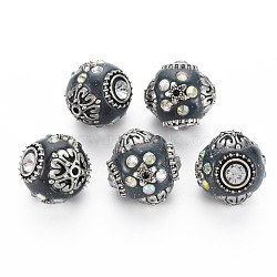 Handmade Indonesia Beads, with Rhinestone and Brass Findings, Round, Antique Silver, Dark Slate Gray, 19.5x19.5x18.5mm, Hole: 1.5mm(IPDL-F029-06G)