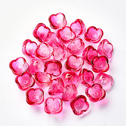 4-Petal Transparent Spray Painted Glass Bead Caps, with Glitter Powder, Flower, Deep Pink, 11.5x11.5x7mm, Hole: 1.6mm(GGLA-S054-009B-02)