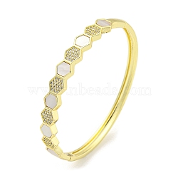 Hexagon Brass Micro Pave Clear Cubic Zirconia Hinged Bangles, Shell Bangles for Women, Real 18K Gold Plated, Inner Diameter: 2-1/8 x 2-3/8 inch(5.4x6.05cm)(BJEW-Z062-17G)