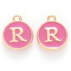 Golden Plated Alloy Enamel Charms, Cadmium Free & Lead Free, Enamelled Sequins, Flat Round with Letter, Camellia, Letter.R, 14x12x2mm, Hole: 1.5mm(X-ENAM-S118-08R)