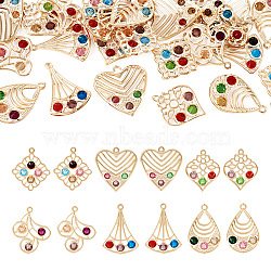 Pandahall 24Pcs 6 Style Iron with Glass Pendants, Hollow Charm, Mixed Shape, Mixed Color, 30~34.5x22~30x5~5.5mm, Hole: 1.6~2mm, 4pcs/style(IFIN-TA0001-61)