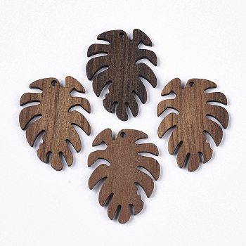 Undyed Walnut Wood Pendants, Tropical Leaf Charms, Monstera Leaf, Saddle Brown, 37.5x28.5x2.5mm, Hole: 2mm