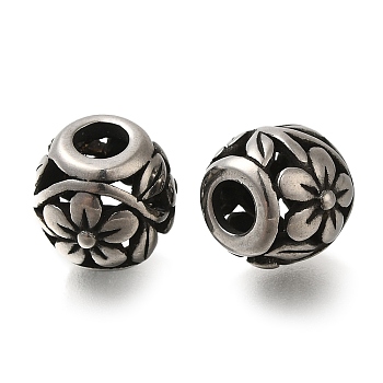 304 Stainless Steel European Beads, Large Hole Beads, Rondelle with Flower, Antique Silver, 10.5x10mm, Hole: 4mm