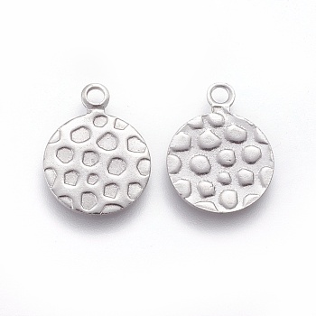 304 Stainless Steel Pendants, Textured, Flat Round with Bumpy, Stainless Steel Color, 16x12x1mm, Hole: 1.8mm