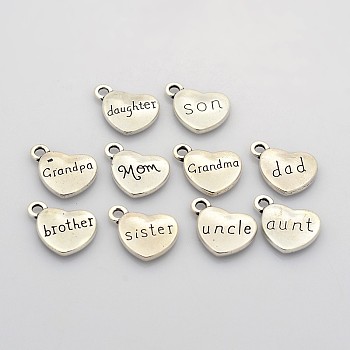 Family Theme Tibetan Style Alloy Charms, Heart with Words, Lead Free, Antique Silver, 13x18x3mm, Hole: 2mm, 10pcs/set