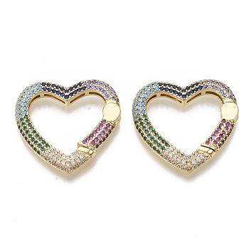 Brass Micro Pave Cubic Zirconia Spring Gate Rings, Nickel Free, Heart, Colorful, Real 16K Gold Plated, 28x28.5x4mm, Inner Diameter: 16x21mm