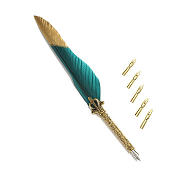 Feather Dipped Pen, with Alloy Pen Tip & Replacement Tips, for Teacher's Day, Teal, 285x45mm