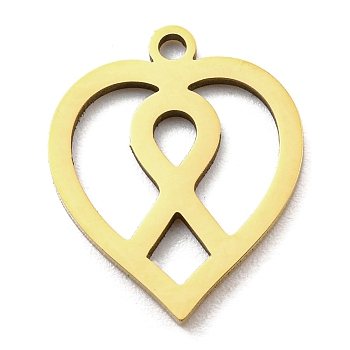 Ion Plating(IP) 316L Surgical Stainless Steel Pendants, Laser Cut, Heart with Awareness Ribbon Charm, Real 18K Gold Plated, 17x14x1mm, Hole: 1.4mm