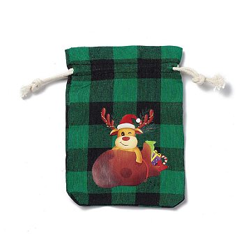 Christmas Theme Rectangle Jute Bags with Jute Cord, Tartan Drawstring Pouches, for Gift Wrapping, Green, Deer, 13.8~14x9.7~10.3x0.07~0.4cm