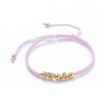 Adjustable Nylon Thread Braided Bead Bracelets, with Brass Round Beads, Pink, Inner Diameter: 2-1/8 inch~3-1/2 inch(5.4~9cm)