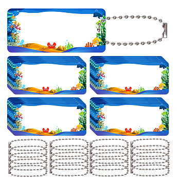 WADORN Rectangle Marine Life Theme PVC Hangtag Ornaments, with Iron Ball Chains, Deep Sky Blue, 67x30x1mm, Hole: 4mm, 20pcs/set, 1 set; Ball Chains: 95~100x2.4mm, 20 strand