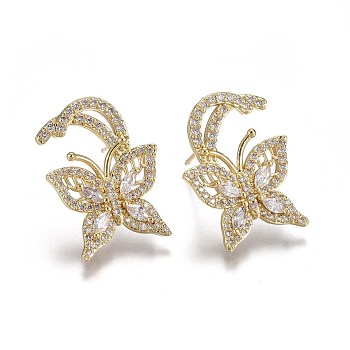 Brass Studs Earrings, with Micro Pave Cubic Zirconia, Butterfly, Clear, Golden, 23x17x3mm, Pin: 0.8m