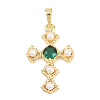 Brass Micro Pave Cubic Zirconia Pendants, with ABS Plastic Pearl, Cross Charms, Long-Lasting Plated, Rack Plating, Lead Free & Cadmium Free, Real 18K Gold Plated, 27x17.5x4.5mm, Hole: 5x3.3mm