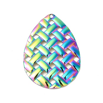 Ion Plating(IP) 304 Stainless Steel Pendants, Braided Texture Teardrop Charms, Rainbow Color, 41.5x29.5x2.5mm, Hole: 1.8mm