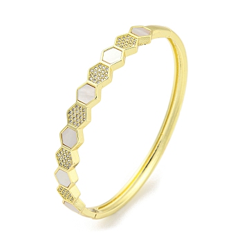 Hexagon Brass Micro Pave Clear Cubic Zirconia Hinged Bangles, Shell Bangles for Women, Real 18K Gold Plated, Inner Diameter: 2-1/8 x 2-3/8 inch(5.4x6.05cm)