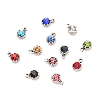 304 Stainless Steel Charms, with Acrylic Rhinestone, Birthstone Charms, Faceted, Flat Round, Stainless Steel Color, Mixed Color, 8.2x6x3.5mm, Hole: 1.2mm