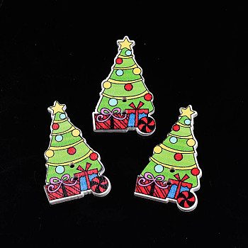 Christmas 2-Hole Spray Painted Maple Wooden Buttons, Single-Sided Printed, Christmas Tree, Light Green, 40x23x2mm, Hole: 1.6mm