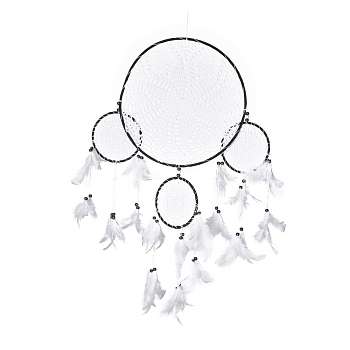 Handmade Round Cotton Woven Net/Web with Feather Wall Hanging Decoration, with Iron Rings, Wooden Beads, for Home Offices Amulet Ornament, Black & White, 780mm