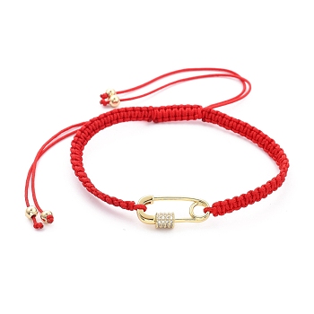 Adjustable Nylon Thread Braided Bead Bracelets, Red String Bracelets, with Brass Micro Pave Clear Cubic Zirconia Links and Brass Beads, Safety Pin Shape, Real 18K Gold Plated, Red, Inner Diameter: 2-1/8~3-5/8 inch(5.5~9.2cm)