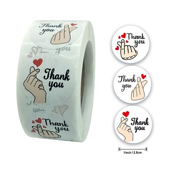 3 Styles Thank You Stickers Roll, Finger Heart Pattern Self-Adhesive Kraft Paper Gift Tag Stickers, Adhesive Labels, Flat Round, Colorful, 25mm, about 500pcs/roll