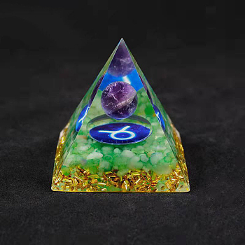 Resin Orgonite Pyramid Home Display Decorations, with Natural Amethyst/Natural Gemstone Chips, Constellation, Taurus, 50x50x50mm