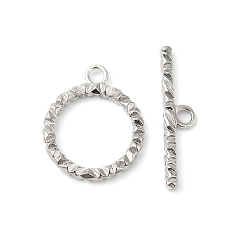 Brass Toggle Clasps, Textured Ring, Real Platinum Plated, Ring: 25.5x21.5x2.5mm, Hole: 3mm, Bar: 32x7x2.5mm, Hole: 3mm