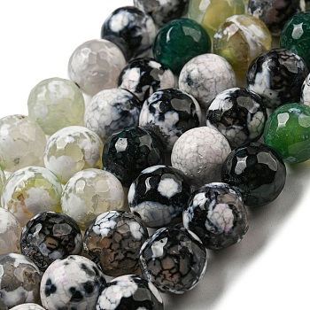 Faceted Natural Fire Crackle Agate Beads Strands, Round, Dyed & Heated, Green, 12mm, Hole: 1.6mm, about 31pcs/strand, 14.76''(37.5cm)