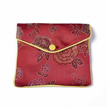 Embroidery Damask Cloth Pouches, with Snap Button and Zipper, Small Gift Bags for Jewelry, Dark Red, 6.45x8cm