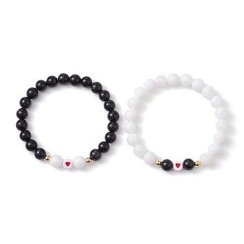 2Pcs 2 Colors Dyed Natural Malaysia Jade & Synthetic Hematite Stretch Bracelets Set, Acrylic Heart Stackable Bracelets, Black and White, Inner Diameter: 2-1/2 inch(6.2cm), 1Pc/color